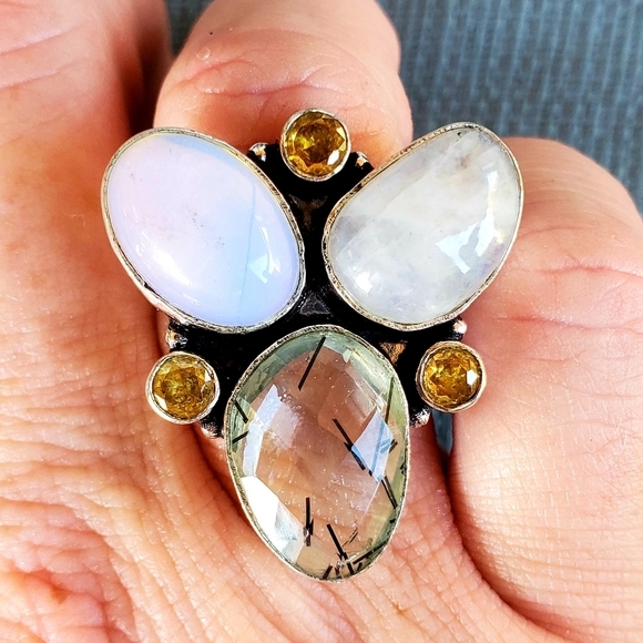 New Rutile Quartz, Opalite, Citrine & Rainbow Moonstone 925 Silver Ring. - Picture 9 of 14